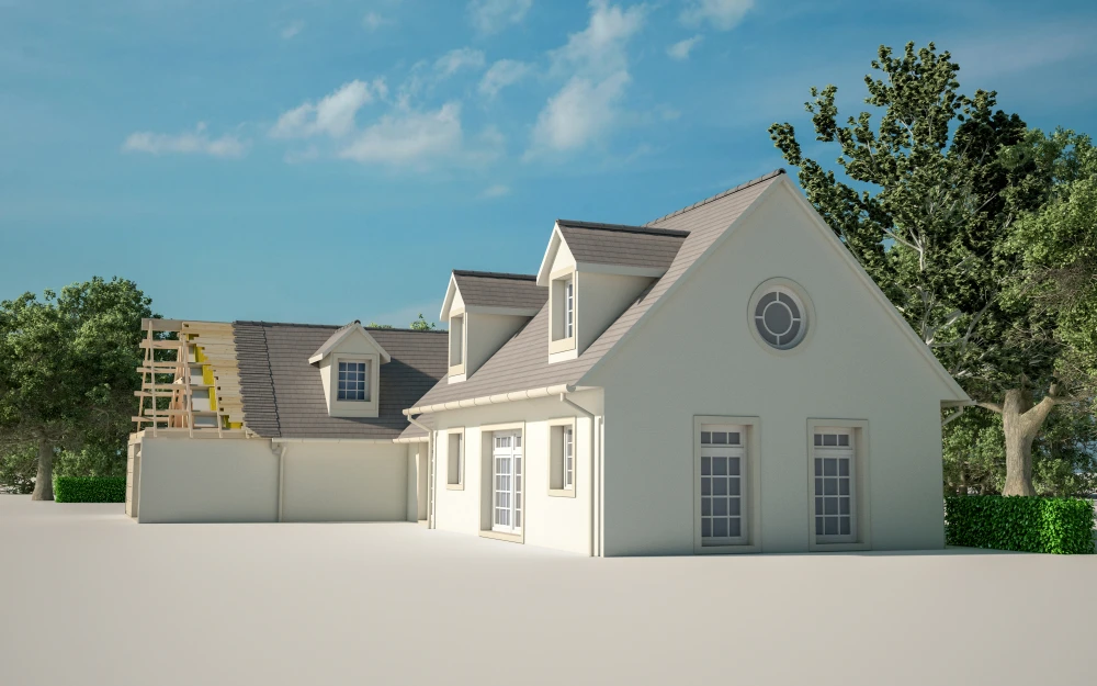 Chantier de construction résidentielle avec maison neuve en cours de finition