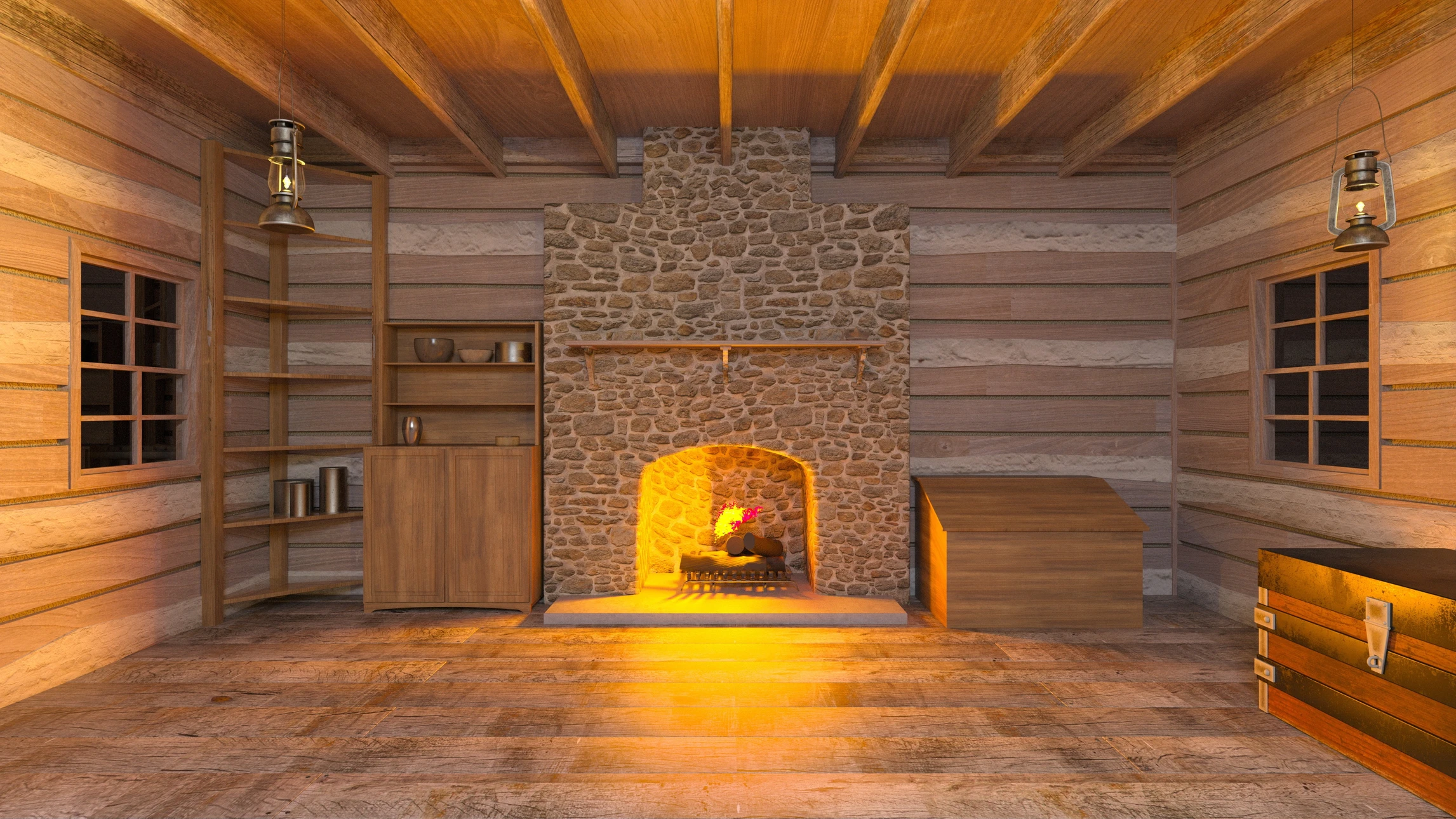 Intérieur rustique d'une cabane en bois avec cheminée en pierre active